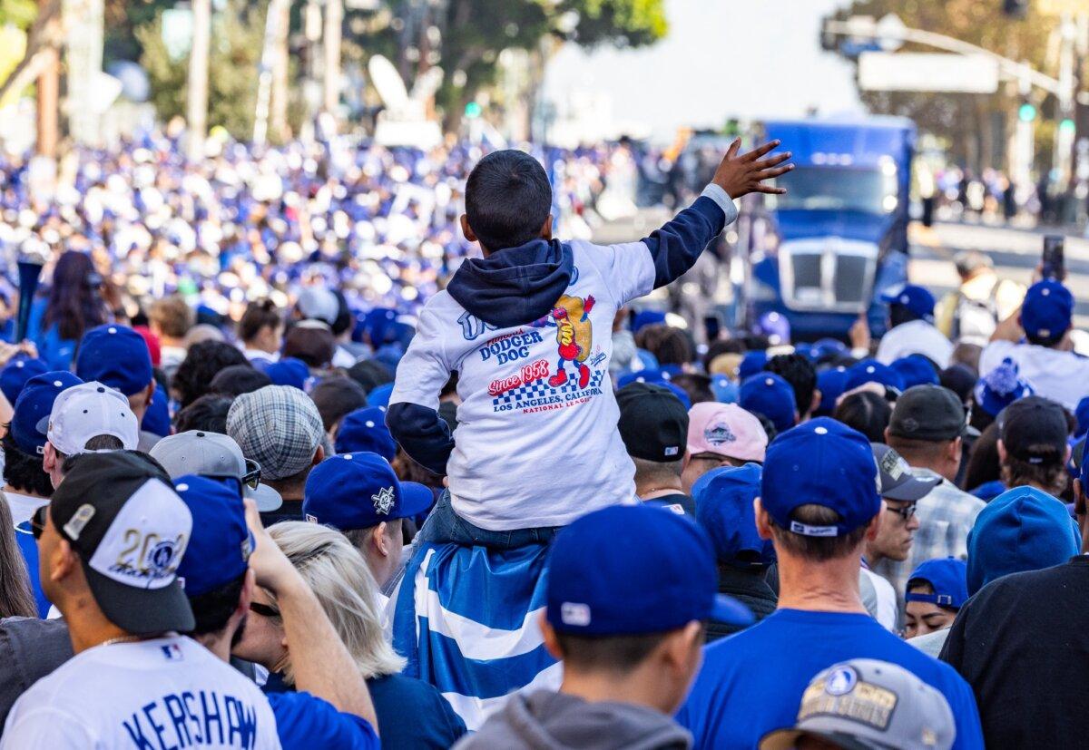 Tens of thousands of Dodger fans flood the streets to celebrate the Dodgers 2024 World Series win in downtown Los Angeles on Nov. 1, 2024. (John Fredricks/The Epoch Times)