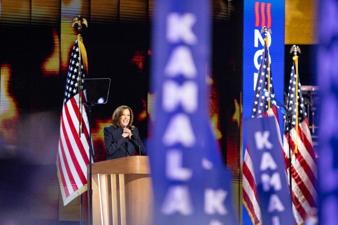 Presidential candidate and Vice President Kamala Harris speaks at the Democratic National Convention held in Chicago on Aug. 22, 2024. (John Fredricks/The Epoch Times)