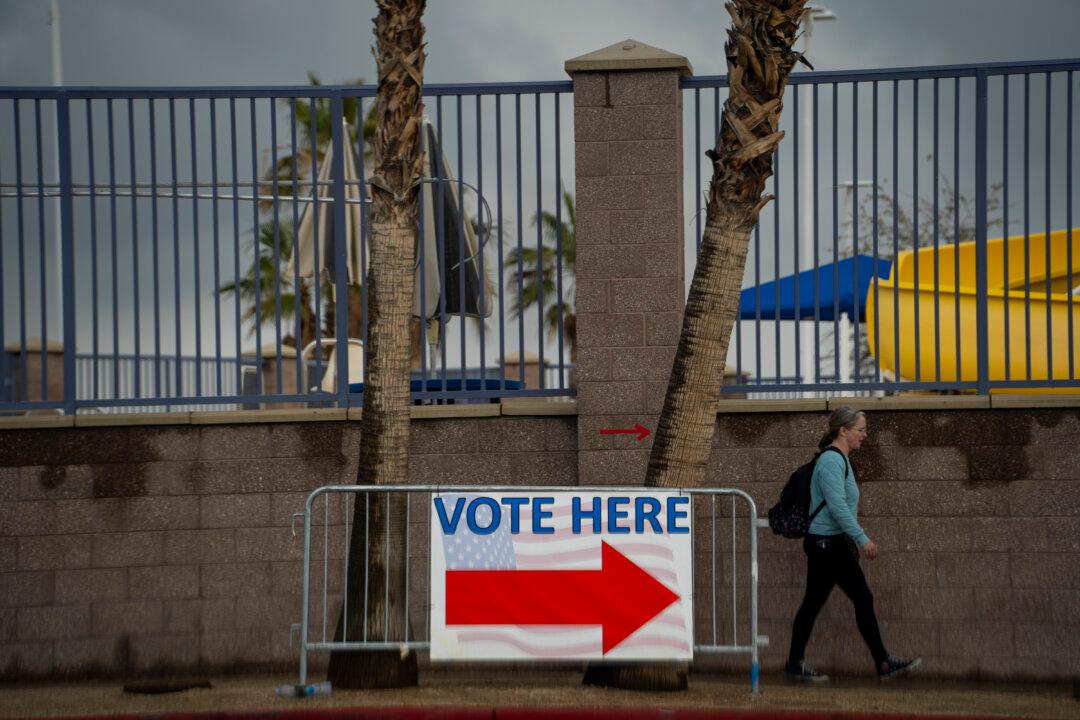 A vote sign in the primary election at the Desert Breeze Community Center in Spring Valley, Nev., on Feb. 6, 2024. (Madalina Vasiliu/The Epoch Times)