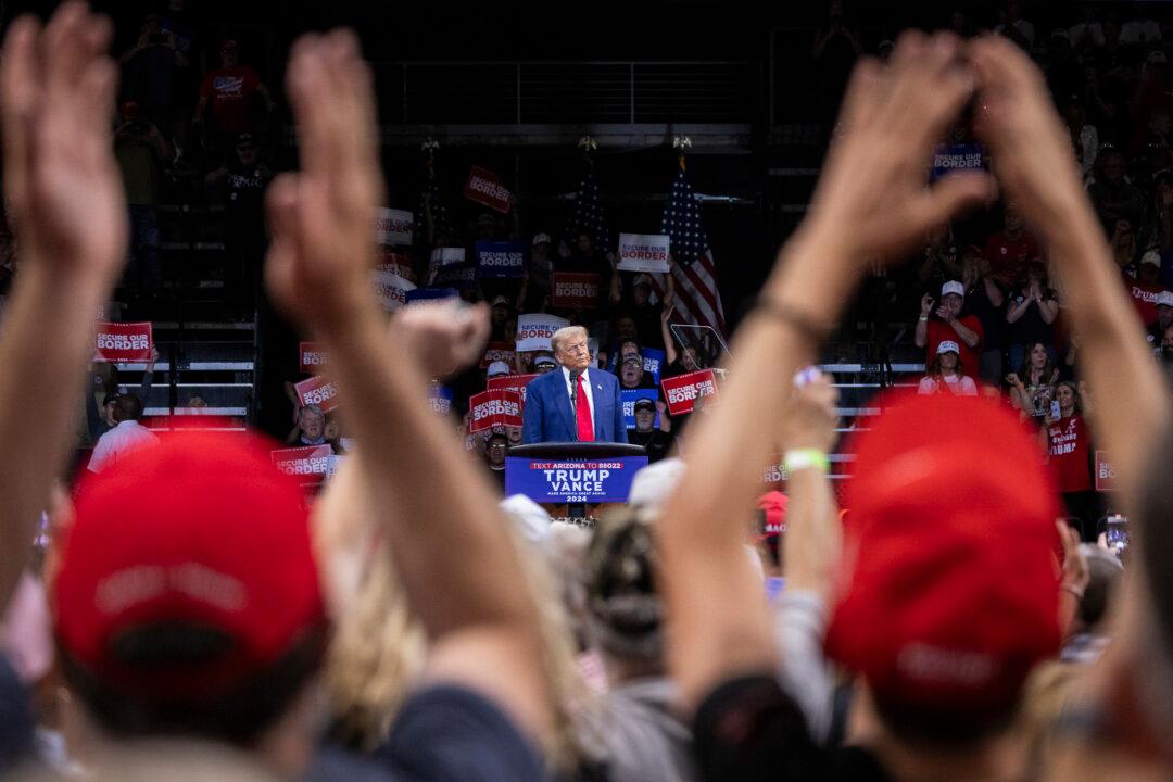 Republican presidential nominee former President Donald J. Trump speaks to supporters in Prescott Valley, Ariz., on Oct. 13, 2024. (John Fredricks/The Epoch Times)