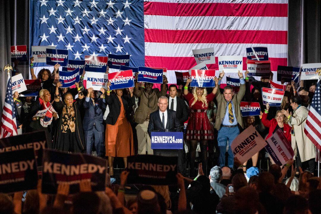 Robert F Kennedy Jr. speaks during a campaign event to launch his 2024 presidential bid, at the Boston Park Plaza in Boston, Mass., on April 19, 2023. (Joseph Prezioso/AFP via Getty Images)