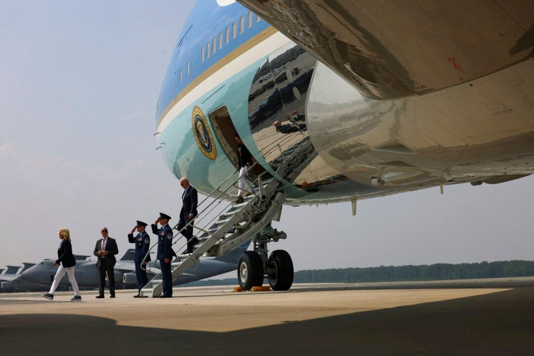 President Joe Biden and First Lady Jill Biden disembark Air Force One at Dover Air Force Base in Dover, Del., on June 17, 2023. (Julia Nikhinson/AFP via Getty Images)