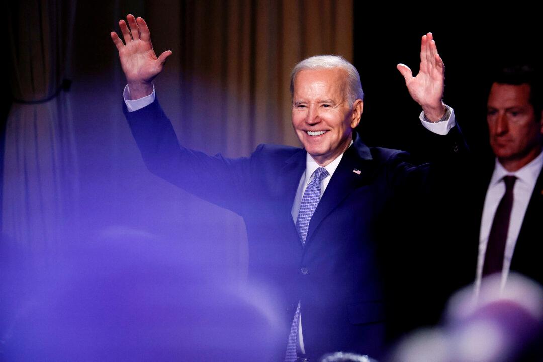 President Joe Biden acknowledges his supporters after addressing the North America's Building Trades Unions legislative conference at the Washington Hilton in Washington on April 25, 2023. Earlier in the day, Biden released a video where he officially announced his re-election campaign. (Chip Somodevilla/Getty Images)