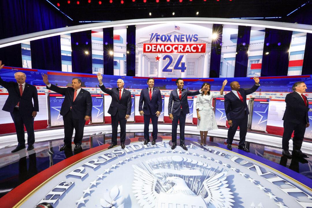 (L-R) Republican presidential candidates former Arkansas Gov. Asa Hutchinson, former New Jersey Gov. Chris Christie, former U.S. Vice President Mike Pence, Florida Gov. Ron DeSantis, Vivek Ramaswamy, former U.N. Ambassador Nikki Haley, Sen. Tim Scott (R-S.C.) and North Dakota governor Doug Burgum, are introduced during the first debate of the GOP primary season hosted by FOX News at the Fiserv Forum in Milwaukee, Wis., on Aug. 23, 2023. (Scott Olson/Getty Images)