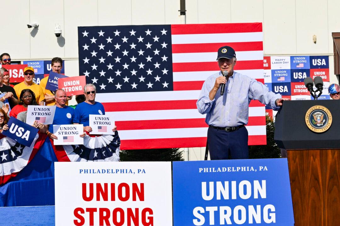 President Joe Biden addresses union workers at Sheet Metal Workers Local 19 in Philadelphia, Pa., on Sept. 4, 2023. (Mark Makela/Getty Images)