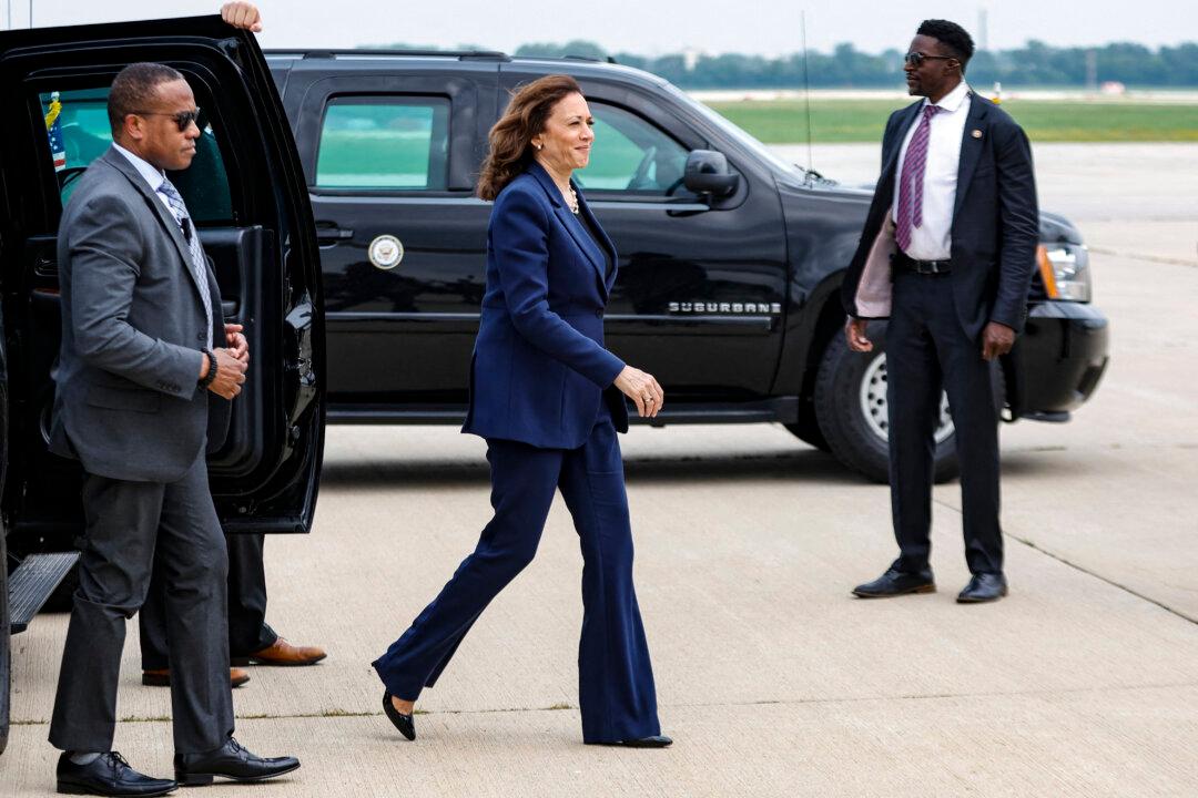 Vice President and Democratic Presidential candidate Kamala Harris departs Milwaukee Mitchell International Airport in Milwaukee, Wis., on July 23, 2024. Harris is to start her presidential campaign after effectively clinching the Democratic presidential nomination. (Kamil Krzaczynski/AFP via Getty Images)