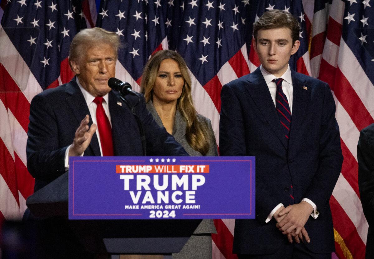 President-elect Donald Trump is joined by his family as he speaks to supporters after winning the presidential election in West Palm Beach, Fla., on Nov. 6, 2024. (John Fredricks/The Epoch Times)