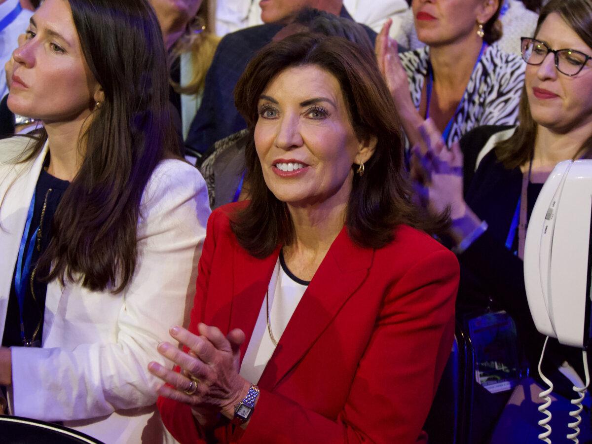 New York Gov. Kathy Hochul on the floor of the Democratic National Convention in Chicago on Aug. 21, 2024. (Travis Gillmore/The Epoch Times)
