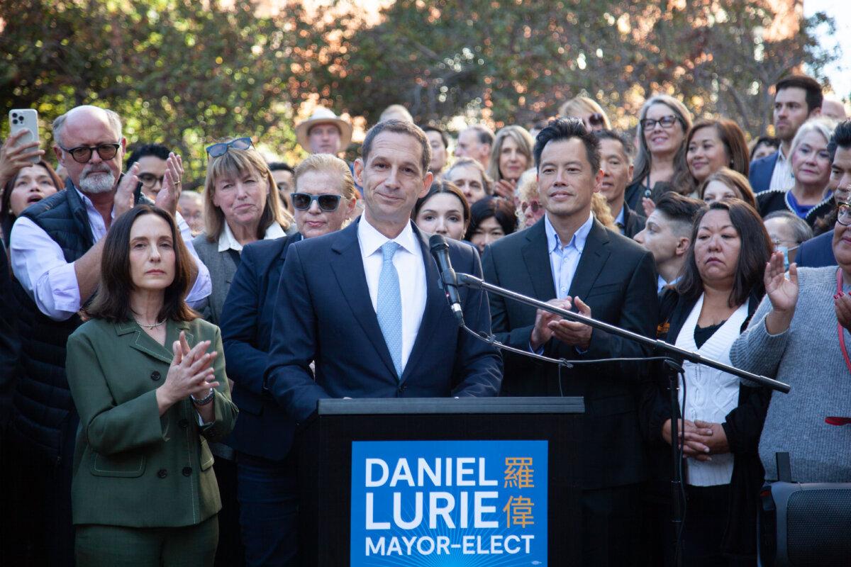 San Francisco Mayor-elect Daniel Lurie speaks at a rally in San Francisco on Nov. 8, 2024. (Lear Zhou/The Epoch Times)