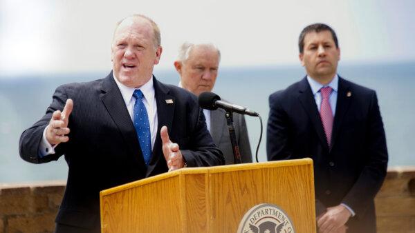 Tom Homan, former acting director of Immigration and Customs Enforcement, addresses the media at Border Field State Park in San Ysidro, Calif., on May 7, 2018. Homan has been named as President-elect Donald Trump's border czar. (Sandy Huffaker/Getty Images)