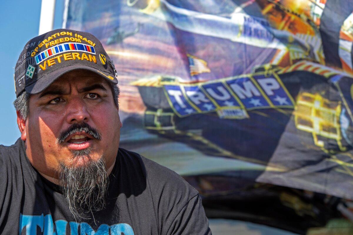 Army veteran Felix Cano speaks during a rally in McAllen, Texas, on Nov. 9, 2024. (Bobby Sanchez/The Epoch Times)