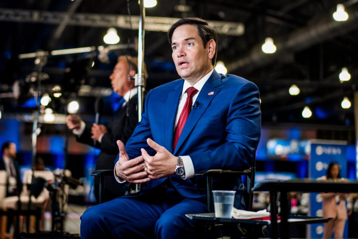 Sen. Marco Rubio (R-Fla.) speaks to reporters at the media filing center and spin room at the Pennsylvania Convention Center on Sept. 10, 2024. (Madalina Vasiliu/The Epoch Times)