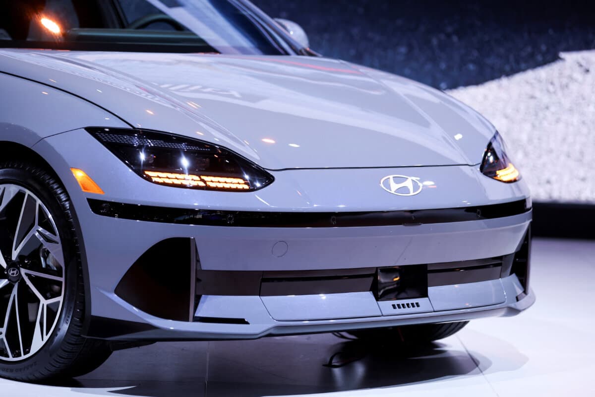Hyundai displays the new Ioniq 6 vehicle at the 2022 Los Angeles Auto Show in Los Angeles on Nov. 17, 2022. (Mike Blake/Reuters)