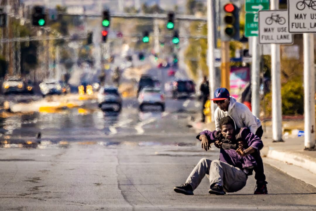 Homeless people on the streets in Las Vegas on Nov. 11, 2024. (John Fredricks/The Epoch Times)
