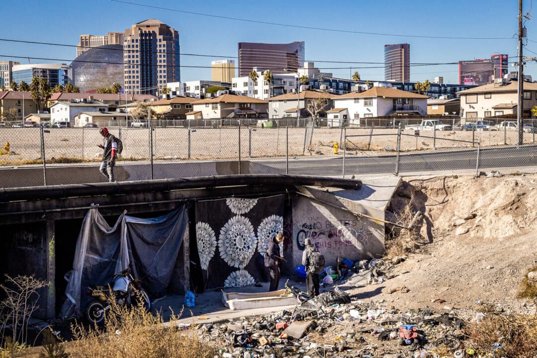 An entryway to a sewage tunnel leading to the Las Vegas Strip houses a large number of homeless people in Las Vegas on Nov. 14, 2024. (John Fredricks/The Epoch Times)