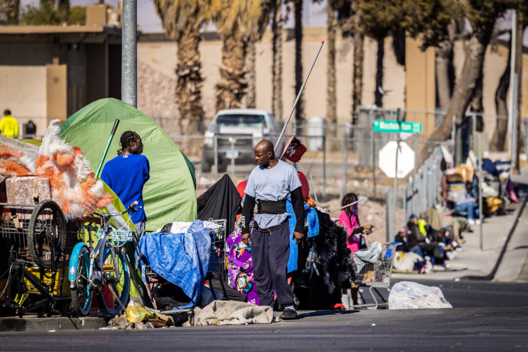 Homeless people line sections of streets in Las Vegas on Nov. 11, 2024. (John Fredricks/The Epoch Times)
