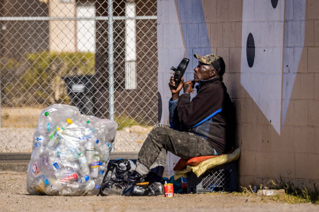 Homeless people line sections of streets in Las Vegas on Nov. 11, 2024. (John Fredricks/The Epoch Times)