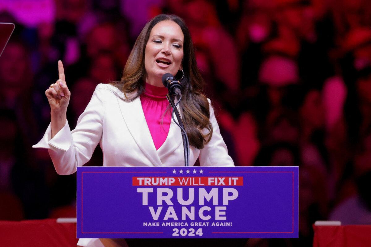 Brooke Rollins, president and CEO of the America First Policy Institute speaks during a rally for Donald Trump at Madison Square Garden, in New York City, on Oct. 27, 2024. (Andrew Kelly/Reuters)