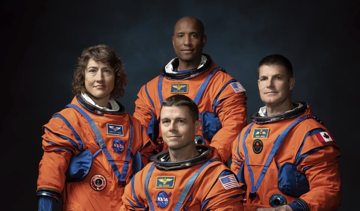NASA astronauts Christina Koch (L), Victor Glover (rear C), Reid Wiseman (C), and Canadian Space Agency Astronaut Jeremy Hansen (R) at the Johnson Space Center in Houston, on March 29, 2023. (Josh Valcarcel/NASA via AP)