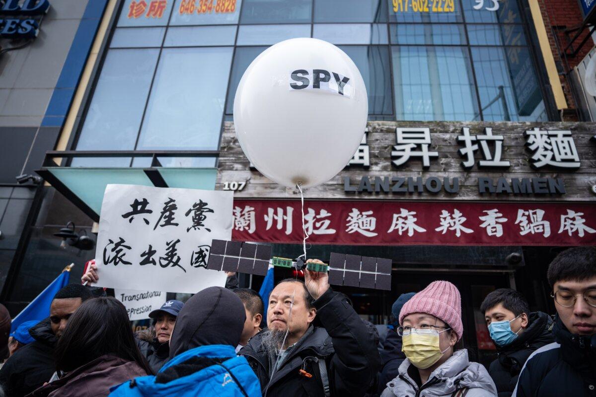 People at a press conference and rally in front of the America ChangLe Association, a now-closed secret Chinese police station, in New York City on Feb. 25, 2023. (Samira Bouaou/The Epoch Times)