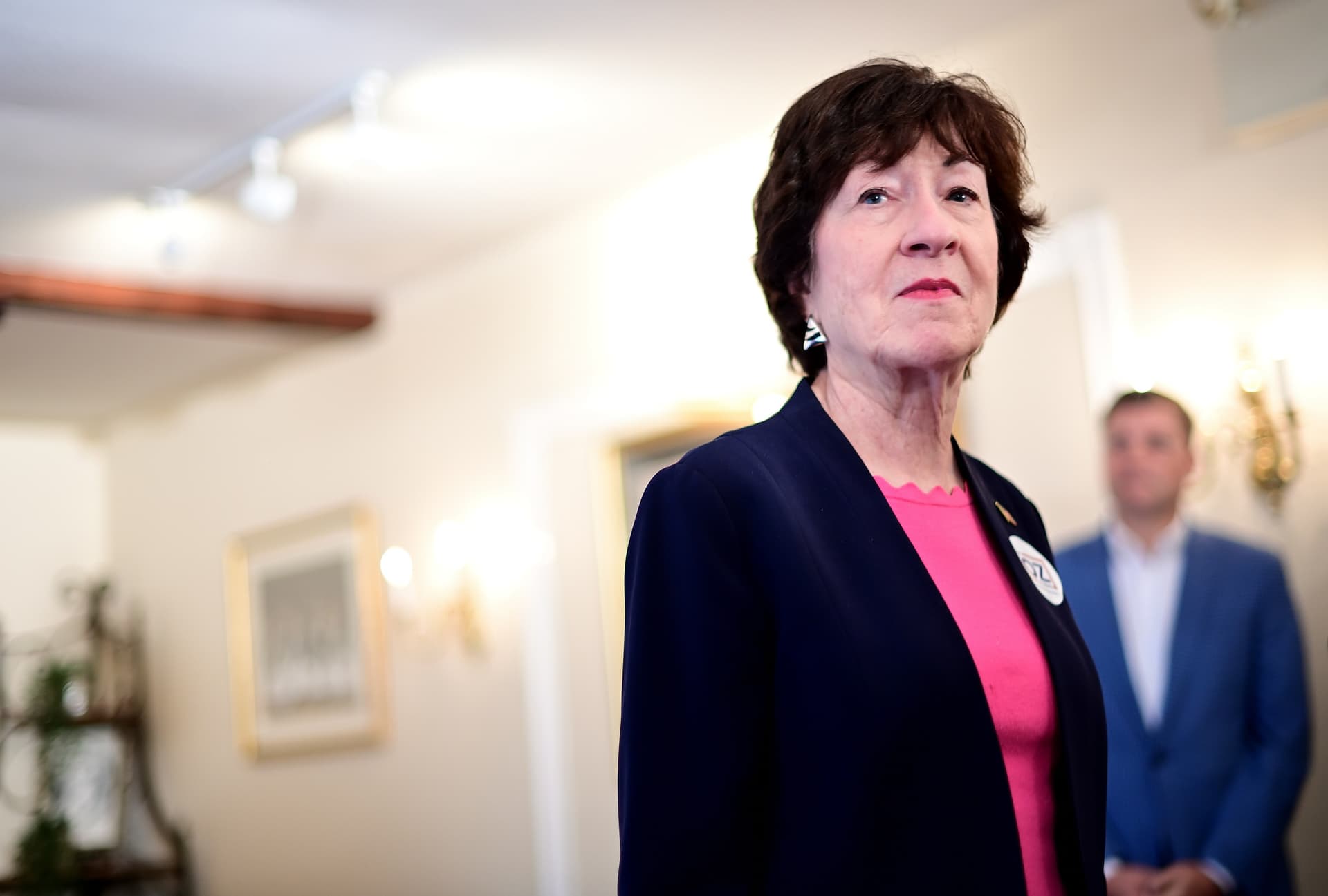Sen. Susan Collins (R-Maine) addresses the press after a small business roundtable in Washington Crossing, Pa., on Nov. 6, 2022. (Mark Makela/Getty Images)