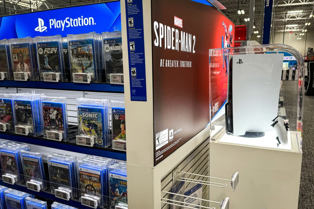 A PlayStation console and video games are displayed in a Best Buy store in San Francisco on Feb. 27, 2024. (Justin Sullivan/Getty Images)