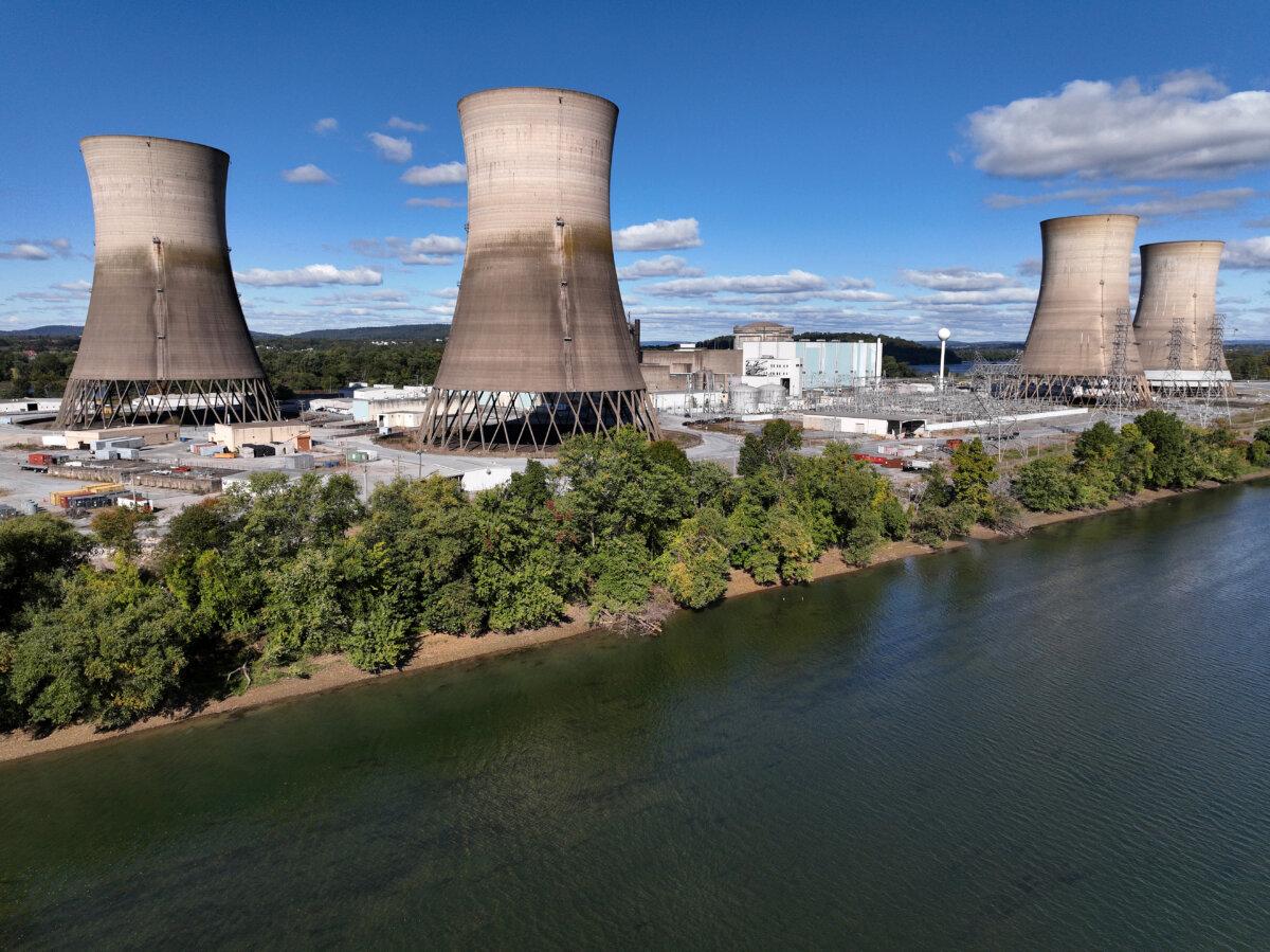 The shuttered Three Mile Island nuclear power plant stands in the middle of the Susquehanna River near Middletown, Pa., on Oct. 10, 2024. (Chip Somodevilla/Getty Images)