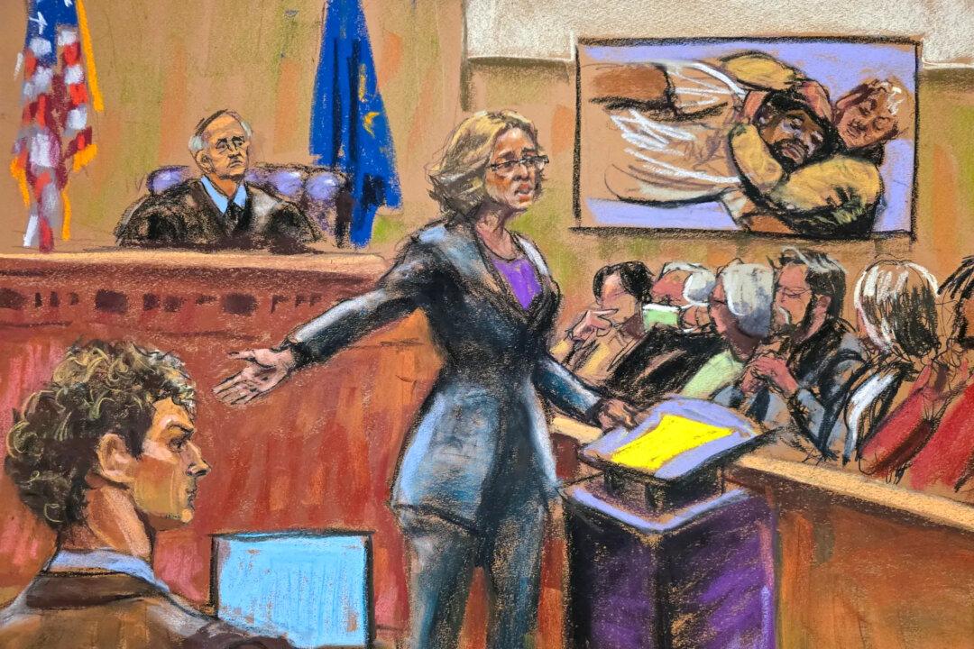 A sketch of Assistant District Attorney Dafna Yoran delivering her closing arguments during Daniel Penny's trial on Dec. 4, 2024. (Jane Rosenberg/Reuters)