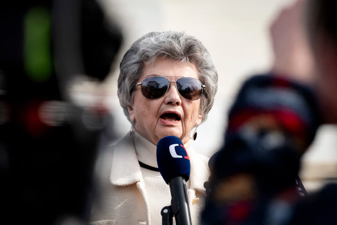 Norma Anderson, lead plaintiff in the lawsuit seeking to disqualify former President Donald Trump from election eligibility, speaks to reporters in front of the U.S. Supreme Court, following oral arguments on Trump's challenge to a Colorado court ruling barring him from the state's primary ballot based on the 14th Amendment, in Washington on Feb. 8, 2024. (Roberto Schmidt/AFP via Getty Images)