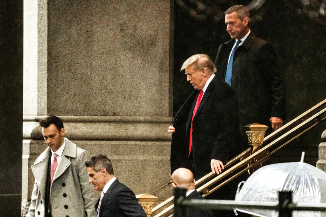Former President Donald Trump departs the Waldorf Astoria where he held a news conference following his appearance in a court in Washington on Jan. 9, 2024. The D.C. Appeals Court held a hearing on the former president's claim that he is immune from prosecution in the 2020 election case. (Kent Nishimura/Getty Images)