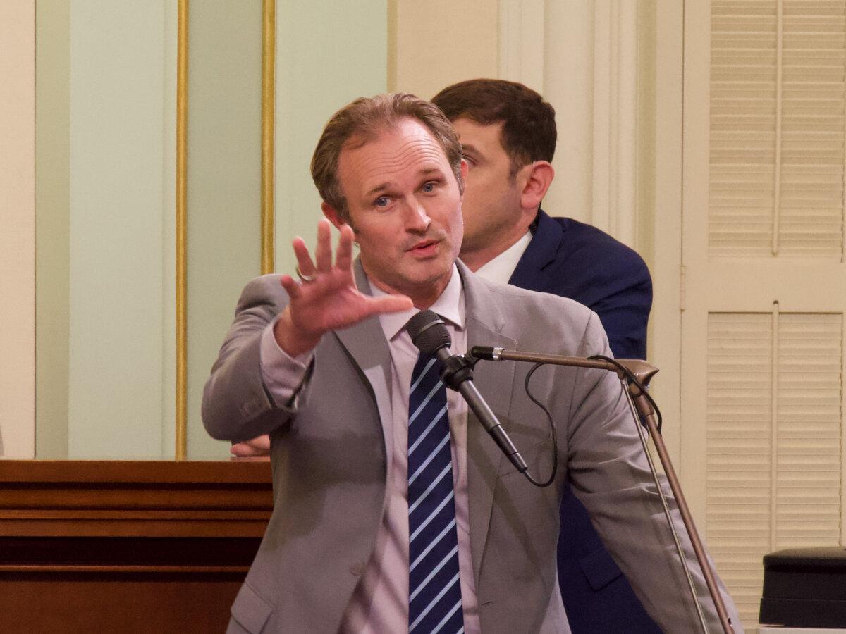 Republican Minority Leader Assemblyman James Gallagher speaks to the Legislature, at the Capitol in Sacramento, Calif., on Aug. 31, 2024. (Travis Gillmore/The Epoch Times)