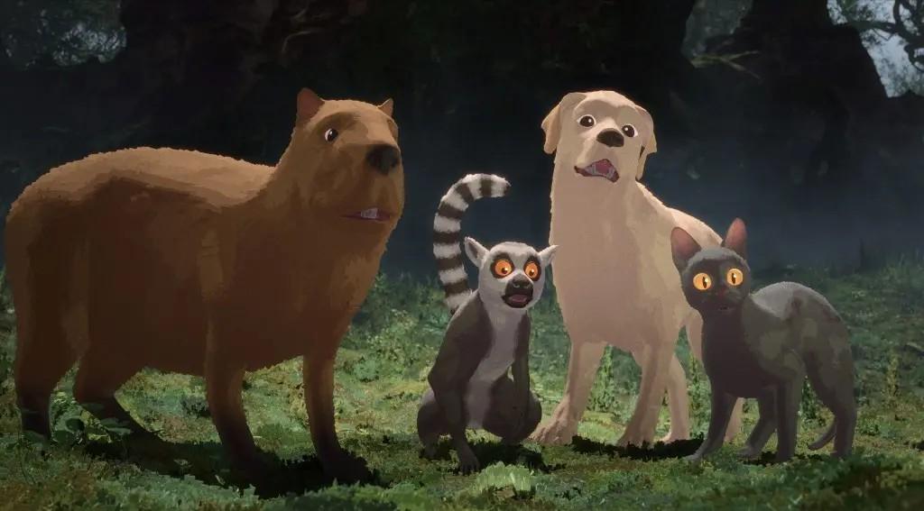 A capybara, ring-tailed lemur, yellow Labrador, and a cat have an adventure together, in "Flow." (Dream Well Studio)