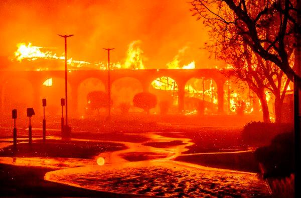 The Pasadena Jewish Temple & Center burns during the Eaton fire in Pasadena, Calif., on Jan. 7, 2025. (Josh Edelson/AFP via Getty Images)