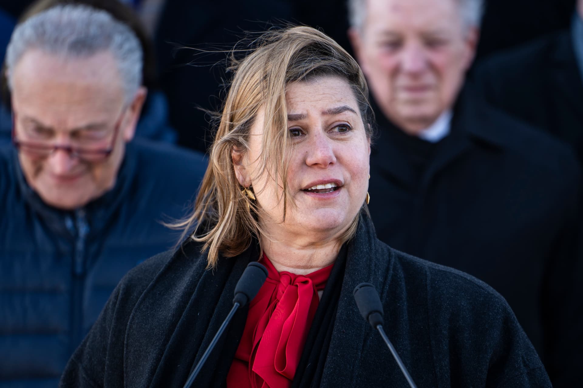 Sen. Elissa Slotkin (D-Mich.), joined by other Senate Democrats, speaks during a news conference on the Senate steps of the U.S. Capitol on Jan. 9, 2025. (Madalina Vasiliu/The Epoch Times)