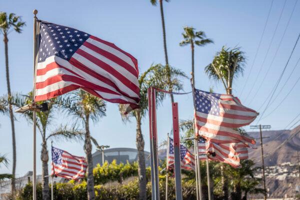 Fire-stricken U.S. flags blow in the wind after the Palisades Fire near Los Angeles on Jan. 13. (John Fredricks/The Epoch Times)