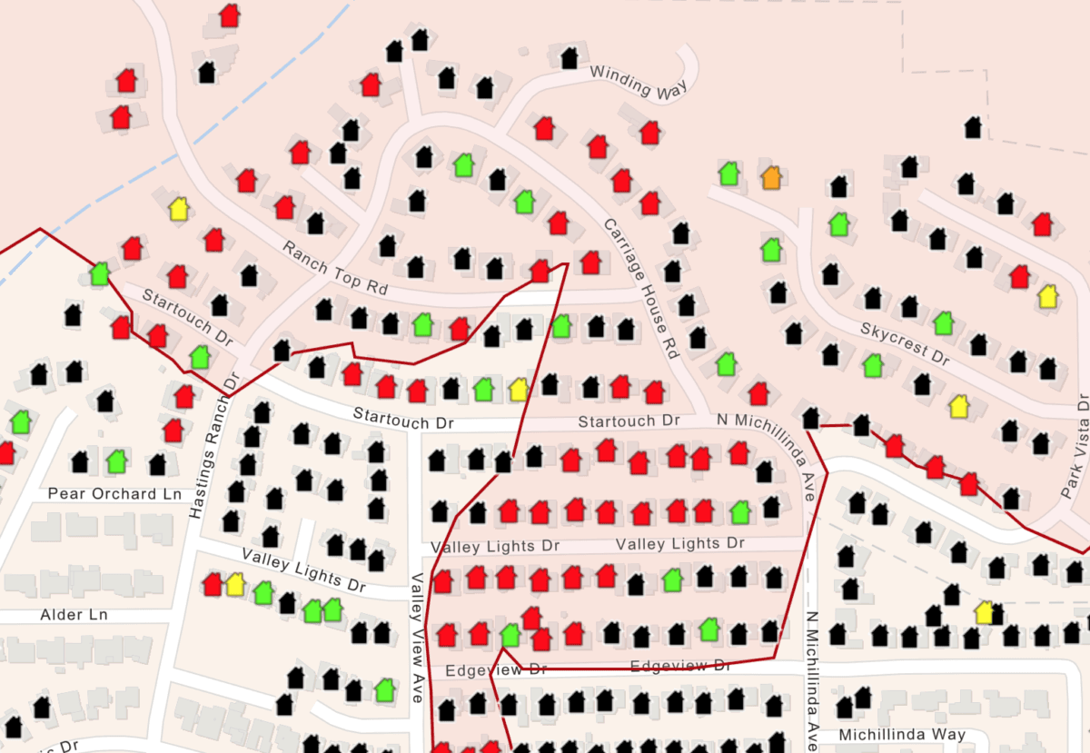 A preliminary map showing damage assessments for homes and other structures from the Eaton fire, east of Los Angeles, on Jan. 15, 2024. (Los Angeles County/Screenshot via The Epoch Times)