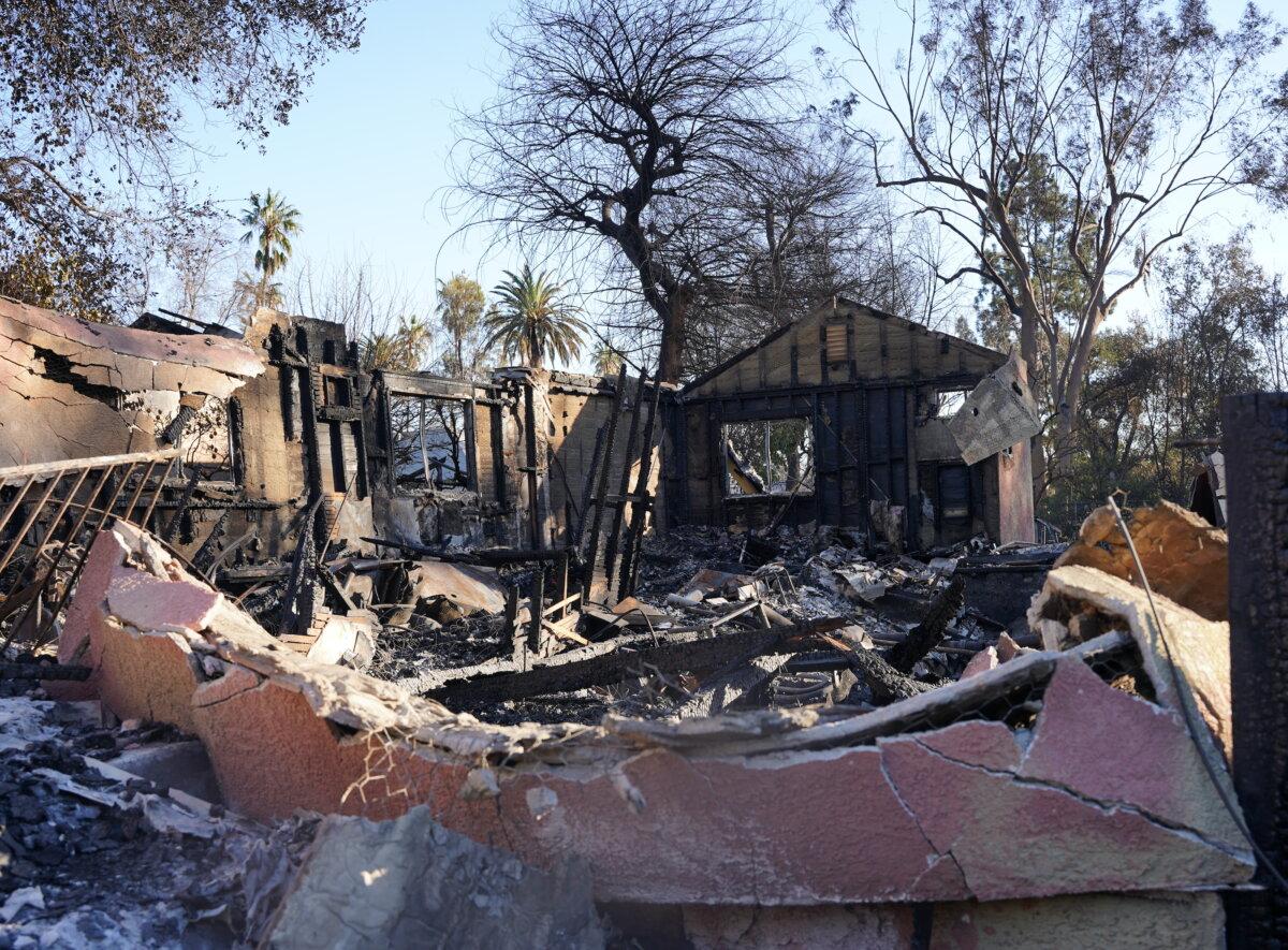 A destroyed house is seen after the Eaton fire swept through the neighborhood, in Pasadena, Calif., on Jan. 15, 2024. (Beige Luciano-Adams/The Epoch Times)