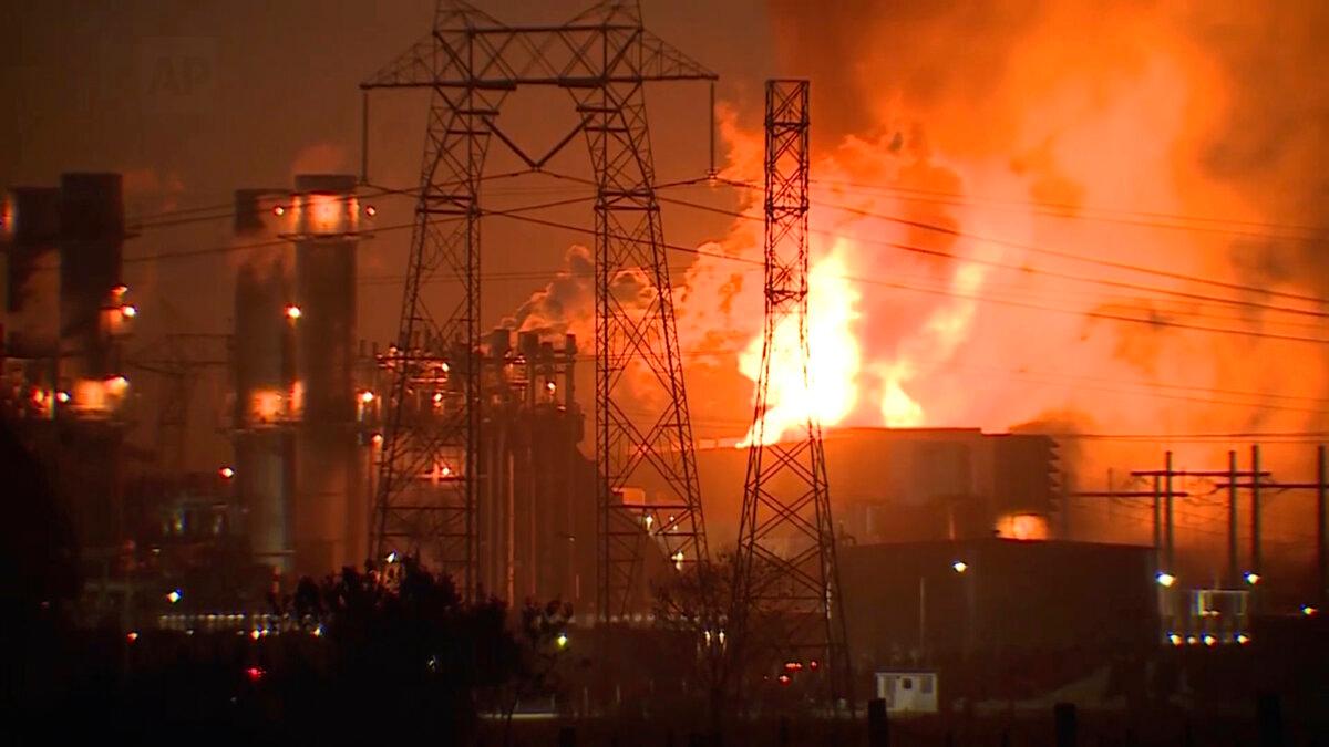 Flames rise after a major fire erupted at the Moss Landing Power Plant, located about 77 miles south of San Francisco, on Jan. 16, 2025, in a still from video footage. (KSBW via AP)