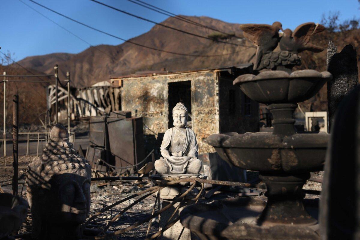 A Buddha statue sits in a burned lot from the Palisades Fire in Los Angeles on Jan. 12, 2025. (David Swanson/AFP via Getty Images)