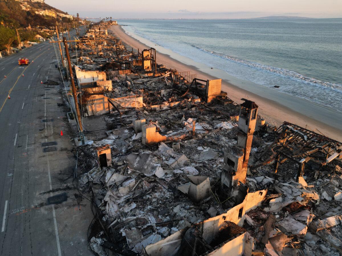 This aerial picture shows the remains of oceanfront homes destroyed in the Palisades Fire along the Pacific Coast Highway in Malibu, Calif., on Jan. 17, 2025. (Robyn Beck/AFP via Getty Images)