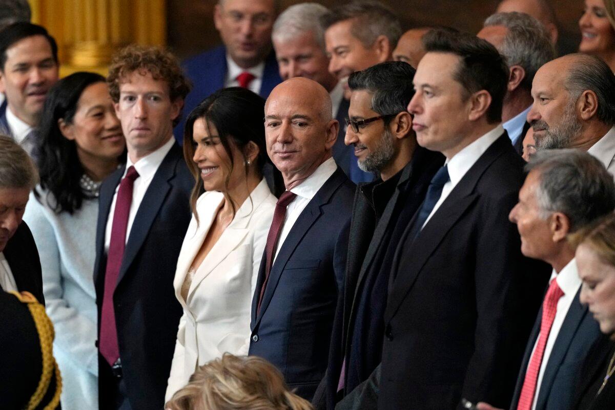 (L-R) CEO of Meta Mark Zuckerberg, Lauren Sanchez, US businessman Jeff Bezos, CEO of Alphabet Inc and Google Sundar Pichai and Teska and SpaceX CEO Elon Musk attend the inauguration ceremony where Donald Trump will sworn in as the 47th US President in the US Capitol Rotunda in Washington, DC, on Jan. 20, 2025. (Julia Demaree Nikhinson / POOL / AFP)