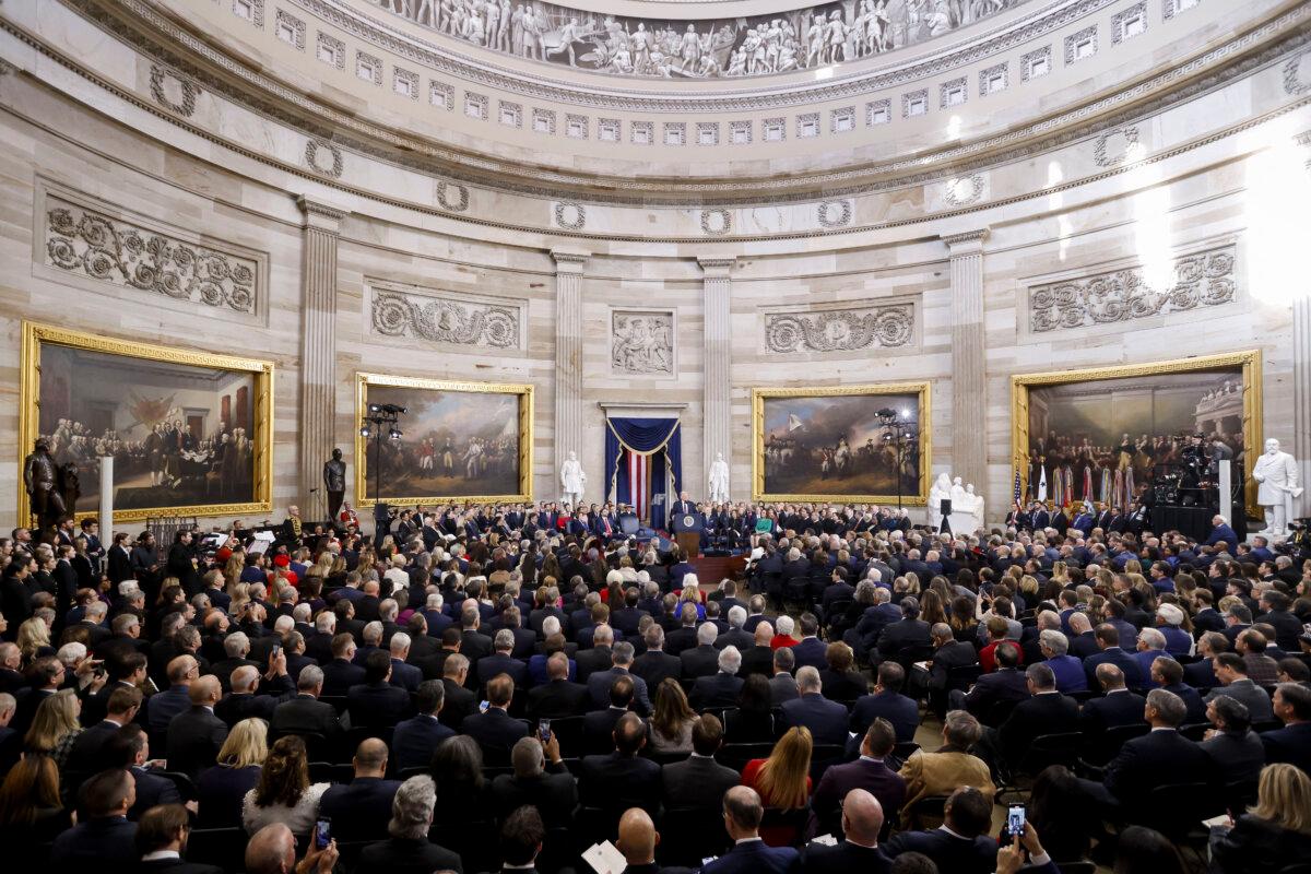 President Donald Trump delivers his inaugural address after being sworn in as the 47th president of the United States inside the Rotunda of the US Capitol in Washington, DC, on Jan. 20, 2025. (SHAWN THEW/POOL/AFP via Getty Images)