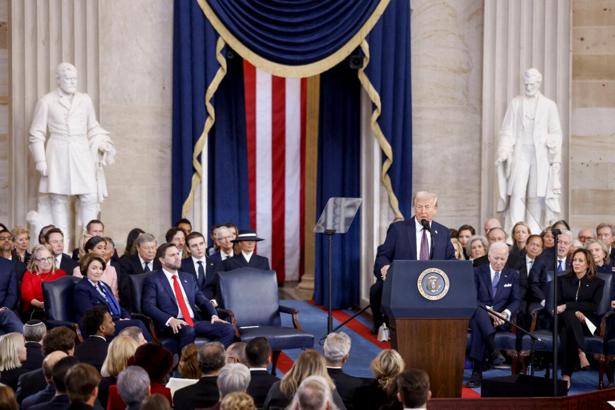 President Donald Trump delivers his inaugural address after being sworn in as the 47th president of the United States inside the Rotunda of the US Capitol in Washington, DC, on Jan. 20, 2025. (SHAWN THEW/POOL/AFP via Getty Images)