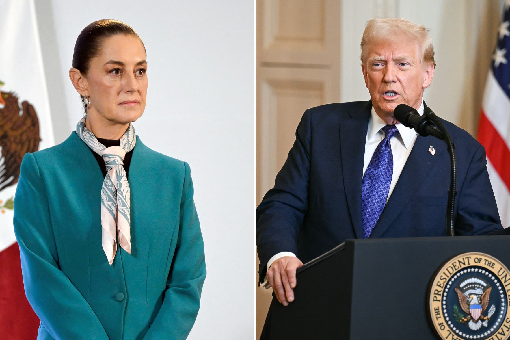 (Left) Mexican President Claudia Sheinbaum listens to a question during her daily news conference at the National Palace in Mexico City on Nov. 6, 2024; (Right) U.S. President Donald Trump speaks in the East Room of the White House, on Jan. 29, 2025. (Alfredo Estrella, Pedro Ugarte/AFP via Getty Images)