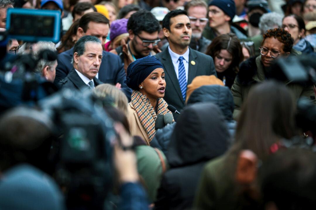 Rep. Ilhan Omar (D-Minn.) speaks at a press conference outside of the USAID headquarters in Washington on Feb. 3, 2025. (Kayla Bartkowski/Getty Images)