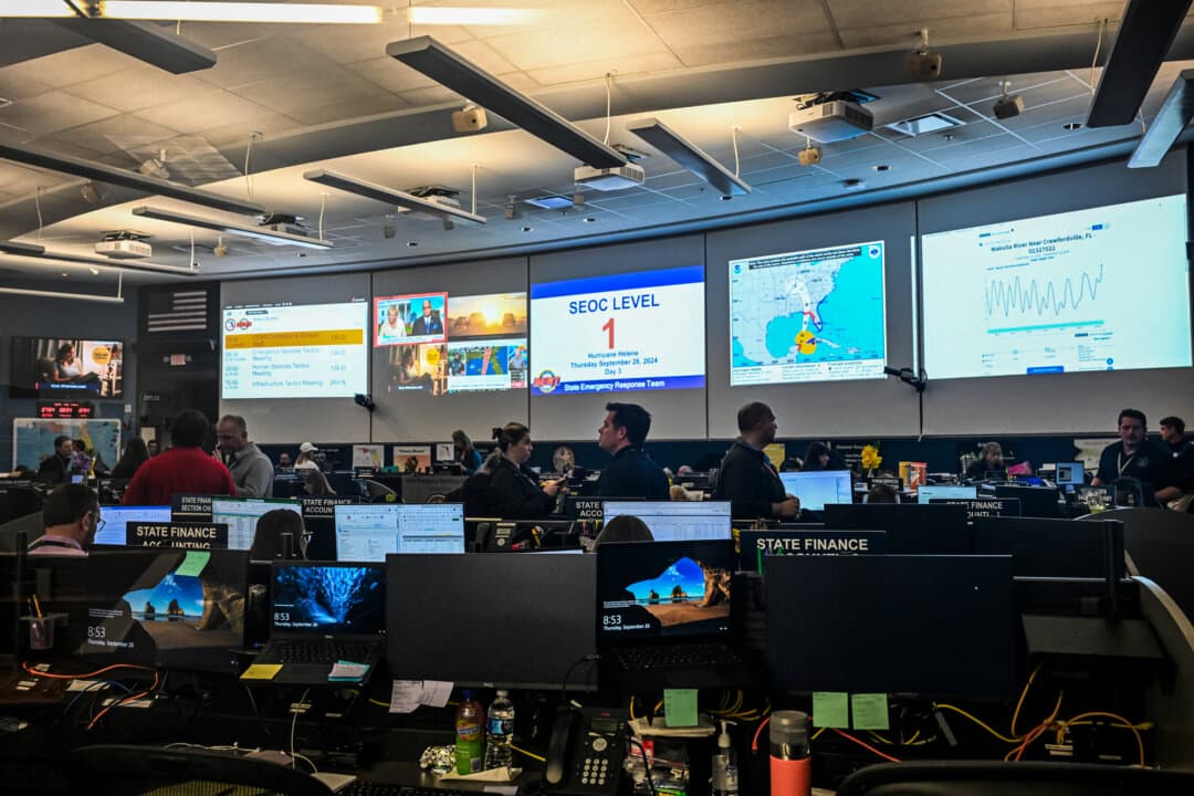 People work at the State Emergency Operations Center in Tallahassee, Fla., as Hurricane Helene approaches the Florida coast on Sept. 26, 2024. (Chandan Khanna/AFP via Getty Images)