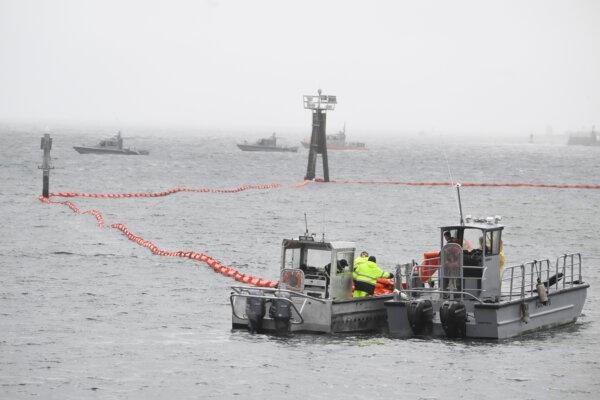 U.S. Navy boats work along the shore near Shelter Island after a Navy plane crashed into San Diego Bay on Feb. 12. (Denis Poroy/AP Photo)