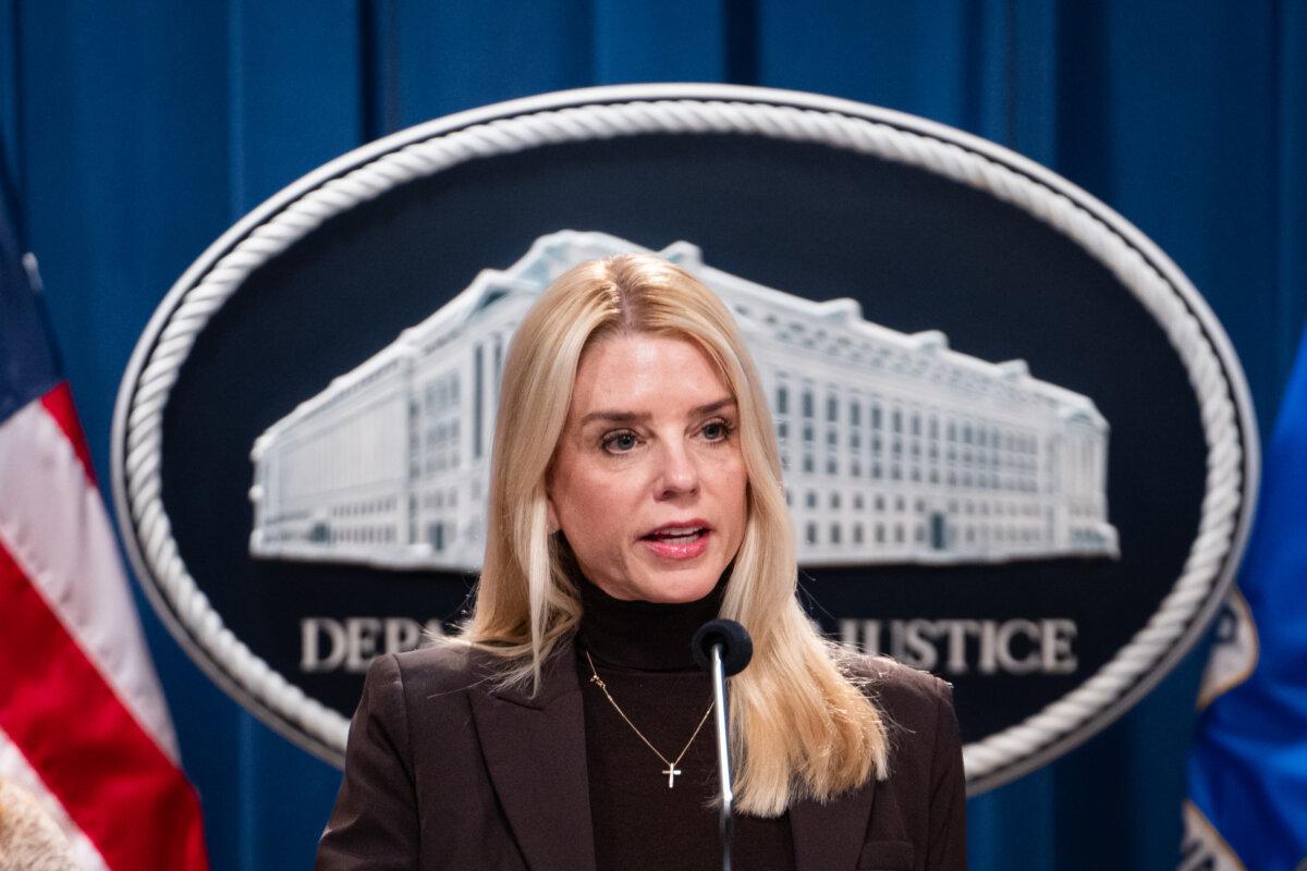 Attorney General Pam Bondi speaks during a press briefing at the Department of Justice in Washington on Feb. 12, 2025. (Madalina Vasiliu/The Epoch Times)