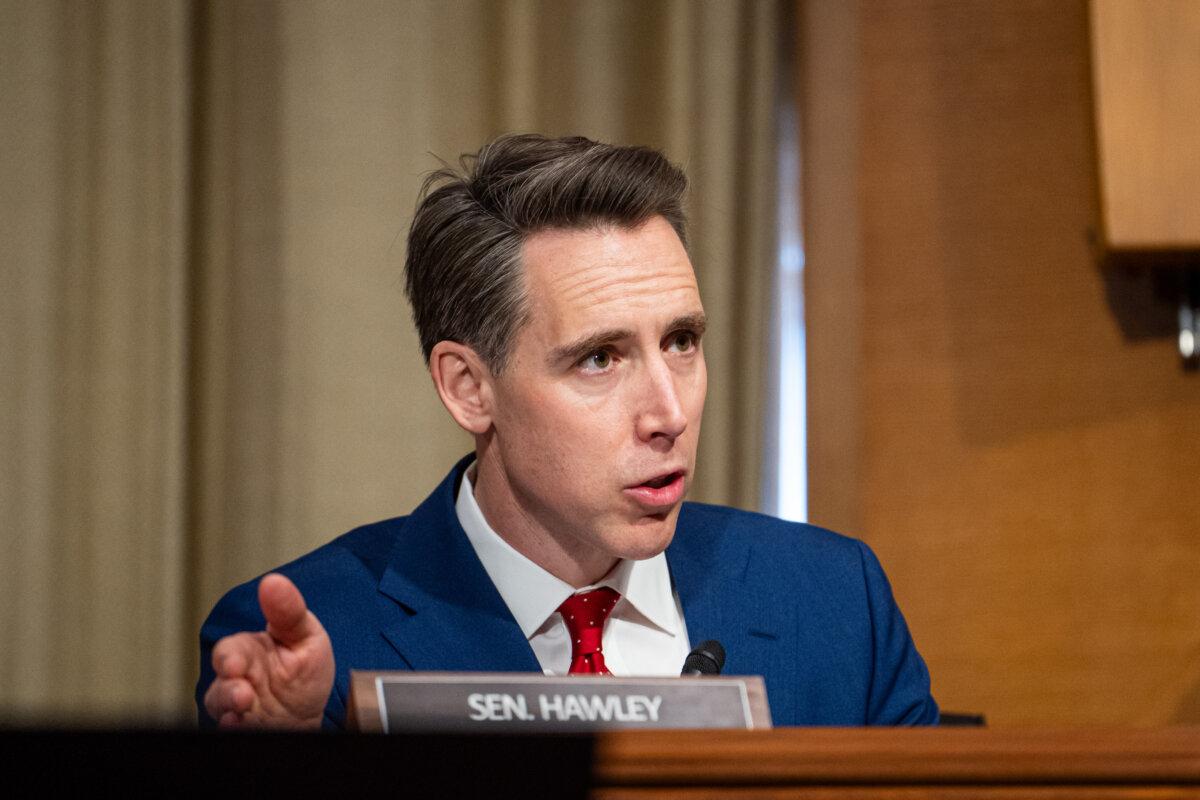 Sen. Josh Hawley (R-Mo.) speaks during a confirmation hearing with the nominee for secretary of education, Linda McMahon, on Capitol Hill in Washington on Feb. 13, 2025. (Madalina Vasiliu/The Epoch Times)