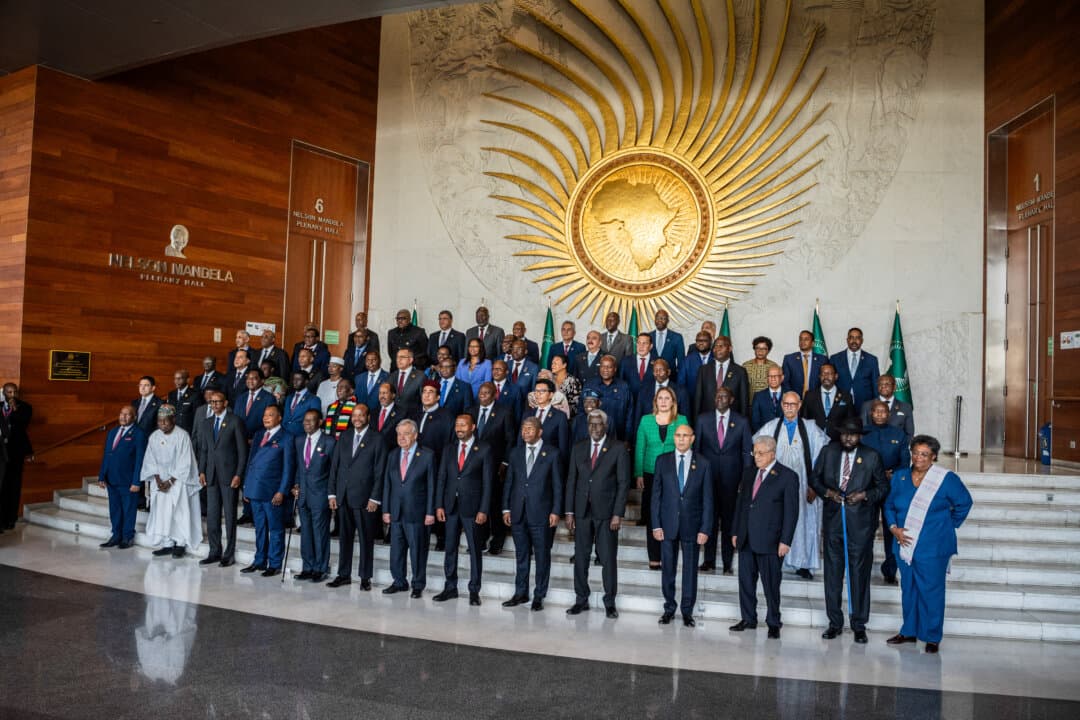 Heads of states pose for a group picture during the 38th African Union (AU) Summit, where leaders will elect a new head of the AU Commission, at the AU Headquarters in Addis Ababa, Ethiopia, on Feb. 15, 2025. (Amanuel Sileshi/AFP via Getty Images)